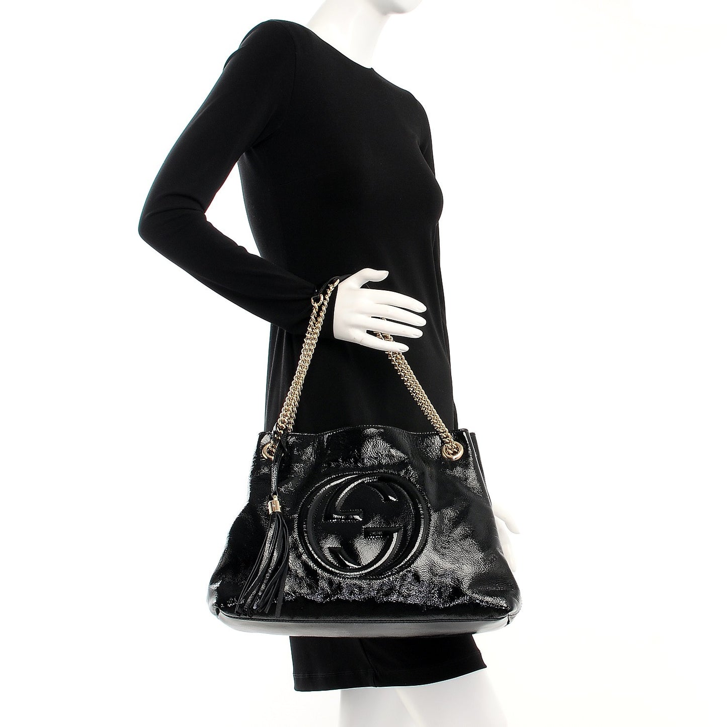 Patent Medium Soho Chain Shoulder Bag Black