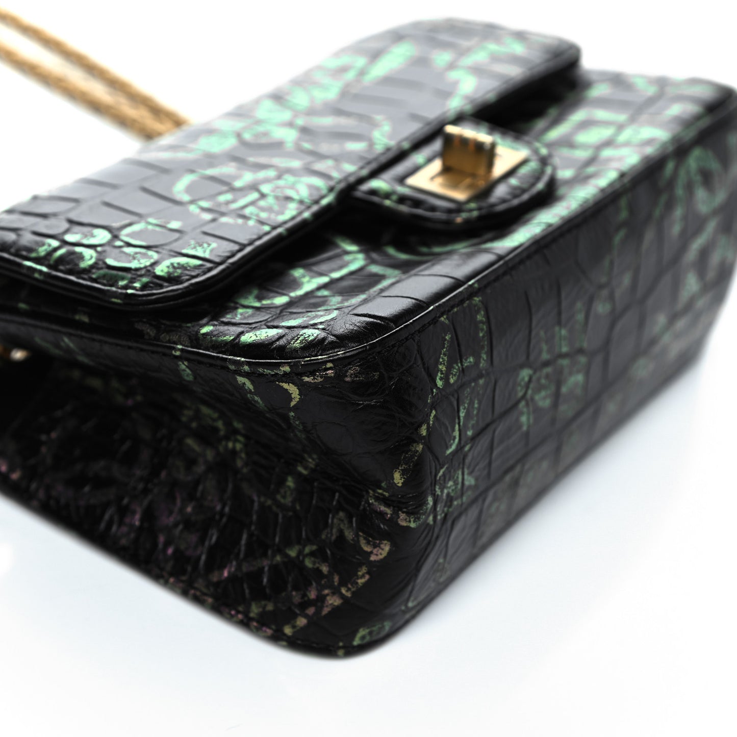 Calfskin Crocodile Embossed Graffiti 2.55 Mini Cocodile Reissue Flap Black Pink