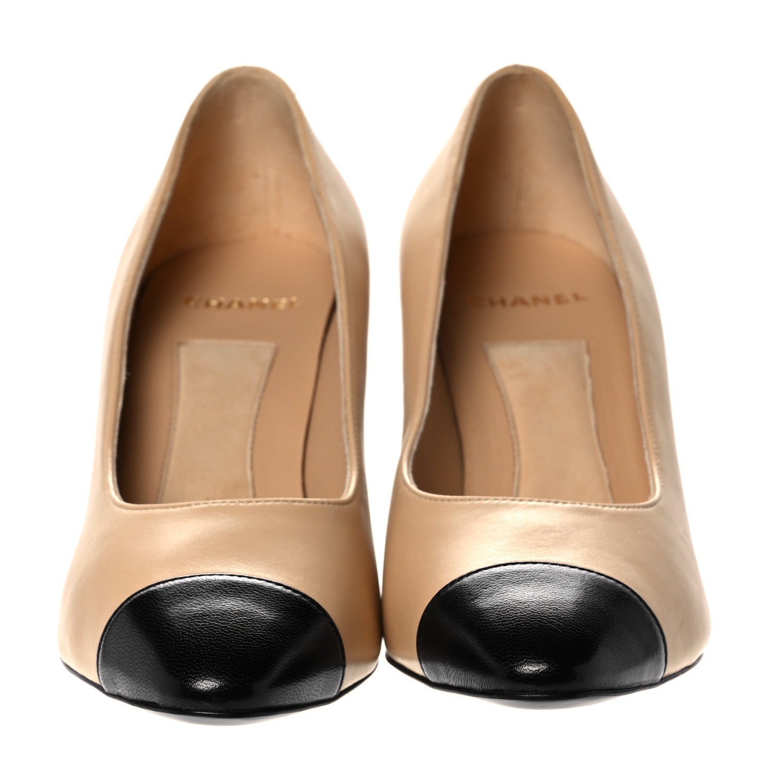 Chanel Lambskin Cap Toe Pearl Pumps 37.5 Beige Black 2 of 10