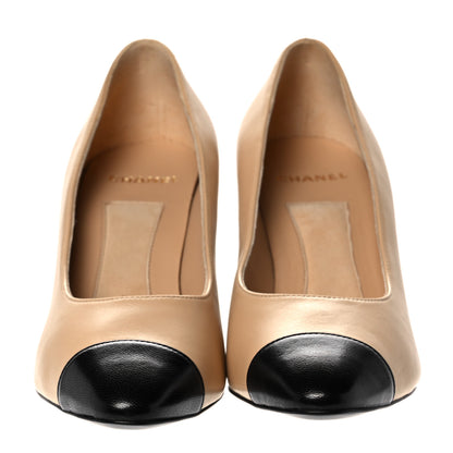 Chanel Lambskin Cap Toe Pearl Pumps 37.5 Beige Black 2 of 10