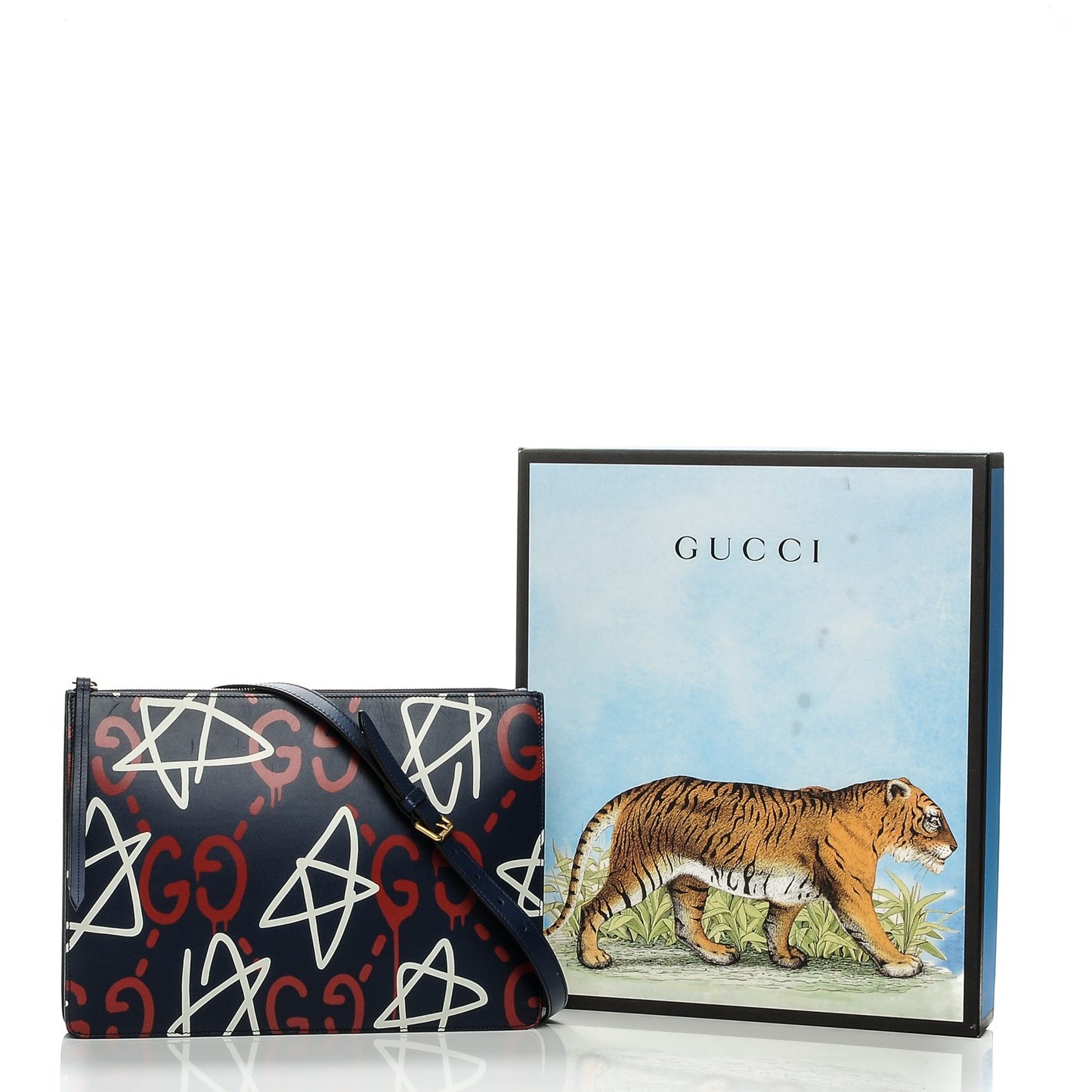 Calfskin GucciGhost Print GG Messenger Bag Blue Agata Hibiscus Red