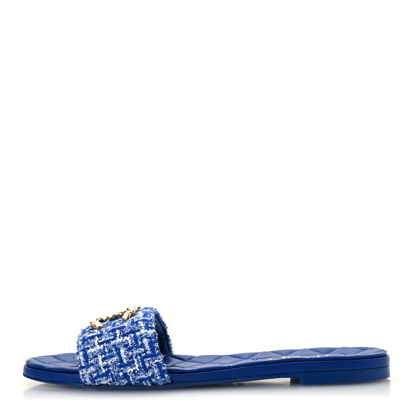 Cotton Tweed Chain CC Mule Sandals 38.5 Blue White