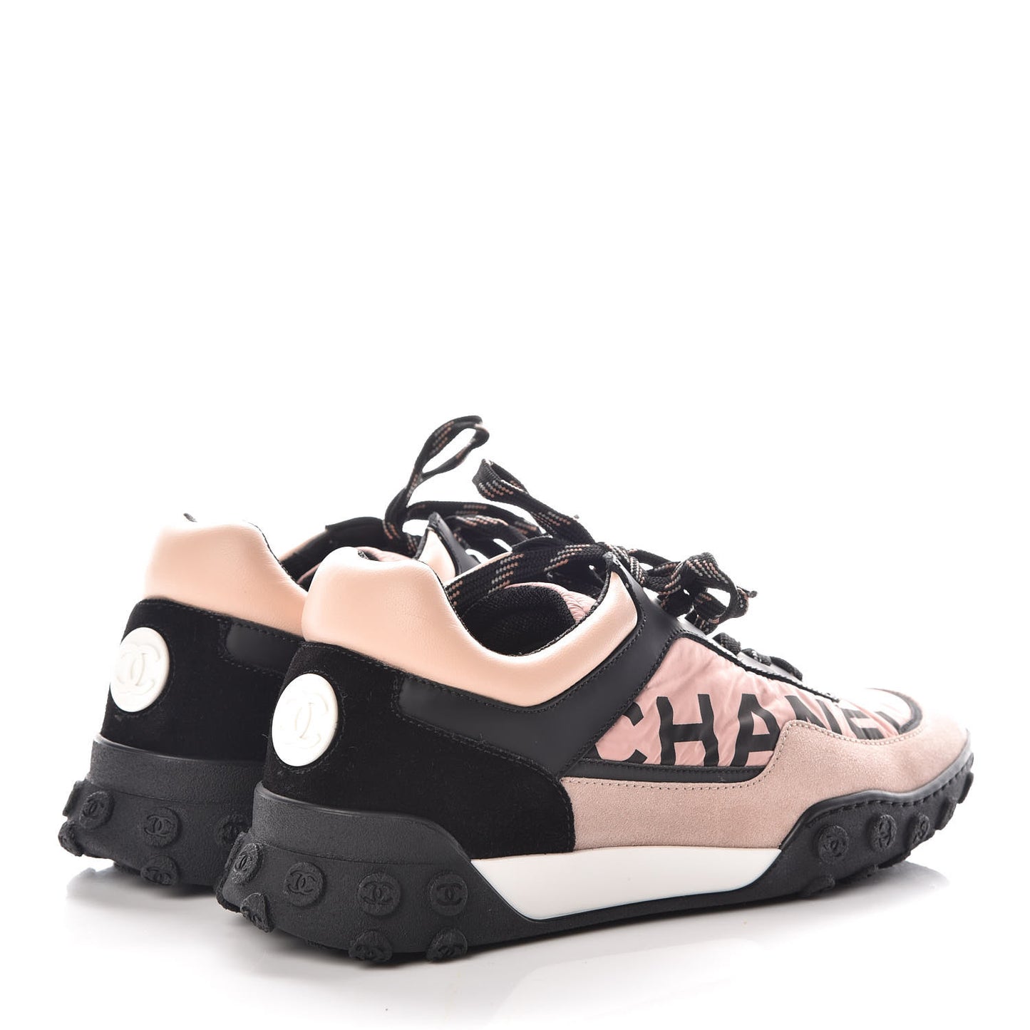 Nylon Calfskin Suede CC Womens Sneakers 37.5 Pink Black