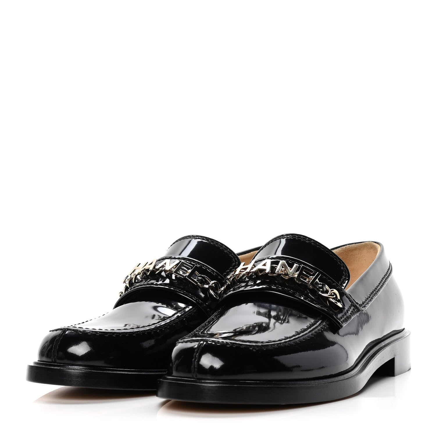Chanel Shiny Calfskin Logo Loafers 38.5 Black 3 of 10