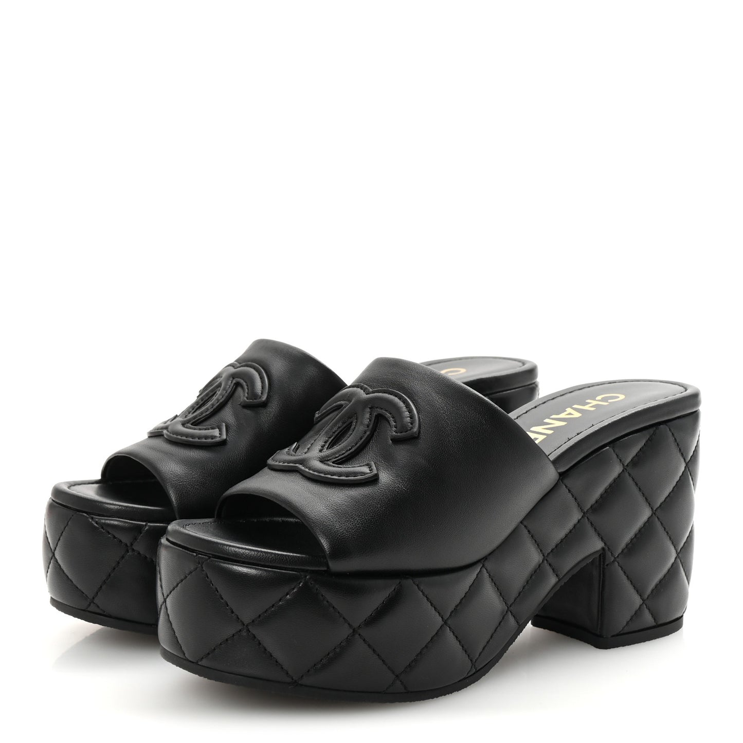 Lambskin Quilted CC Platform Mules 36 Black