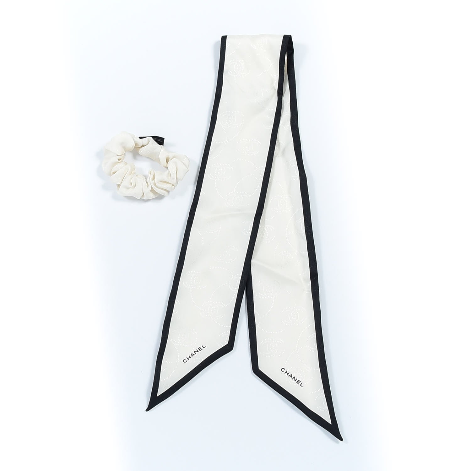 Chanel Silk Twill Hair Tie Ivory Black 2 of 3