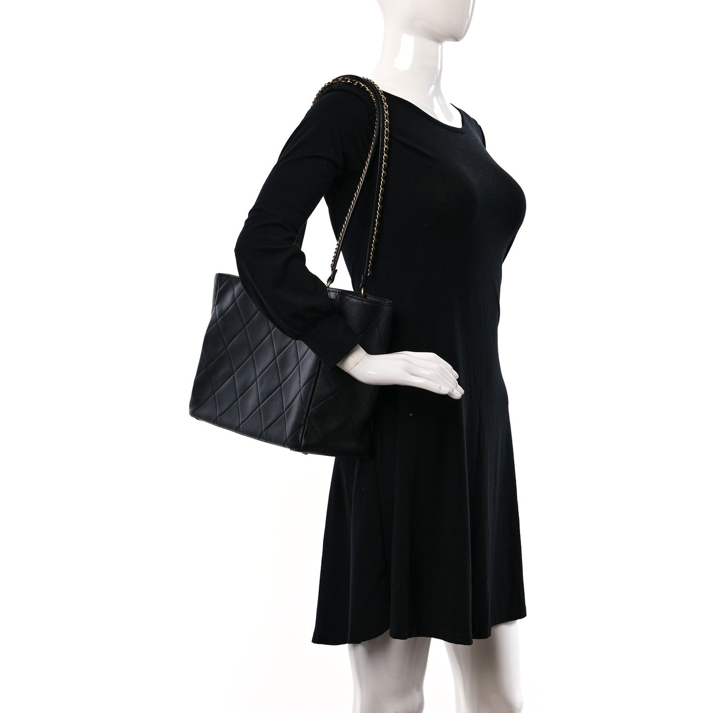 Calfskin Quilted Chain Shopping Tote Black
