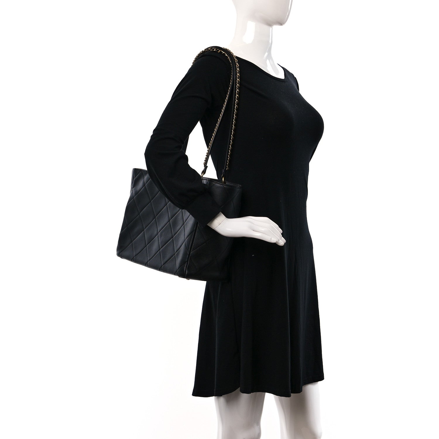 Chanel Calfskin Quilted Chain Shopping Tote Black 3 of 11