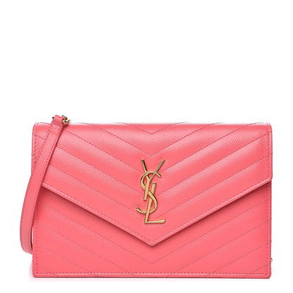 Saint Laurent Grain De Poudre Matelasse Chevron Monogram Envelope Chain Wallet Rose Clair 1 of 10