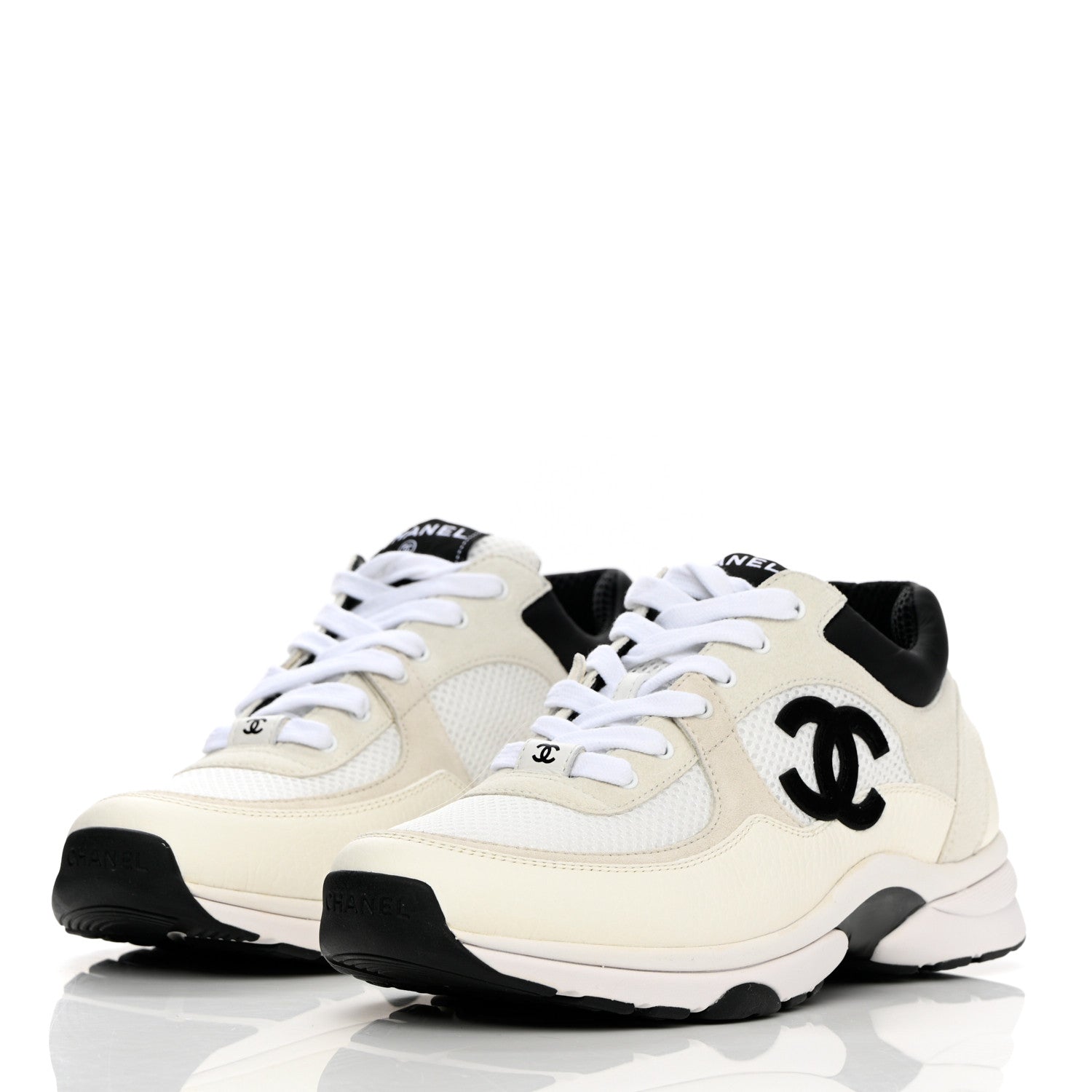 Chanel Mesh Suede Calfskin Grained Calfskin Womens CC Sneakers 41 White Black 3 of 9