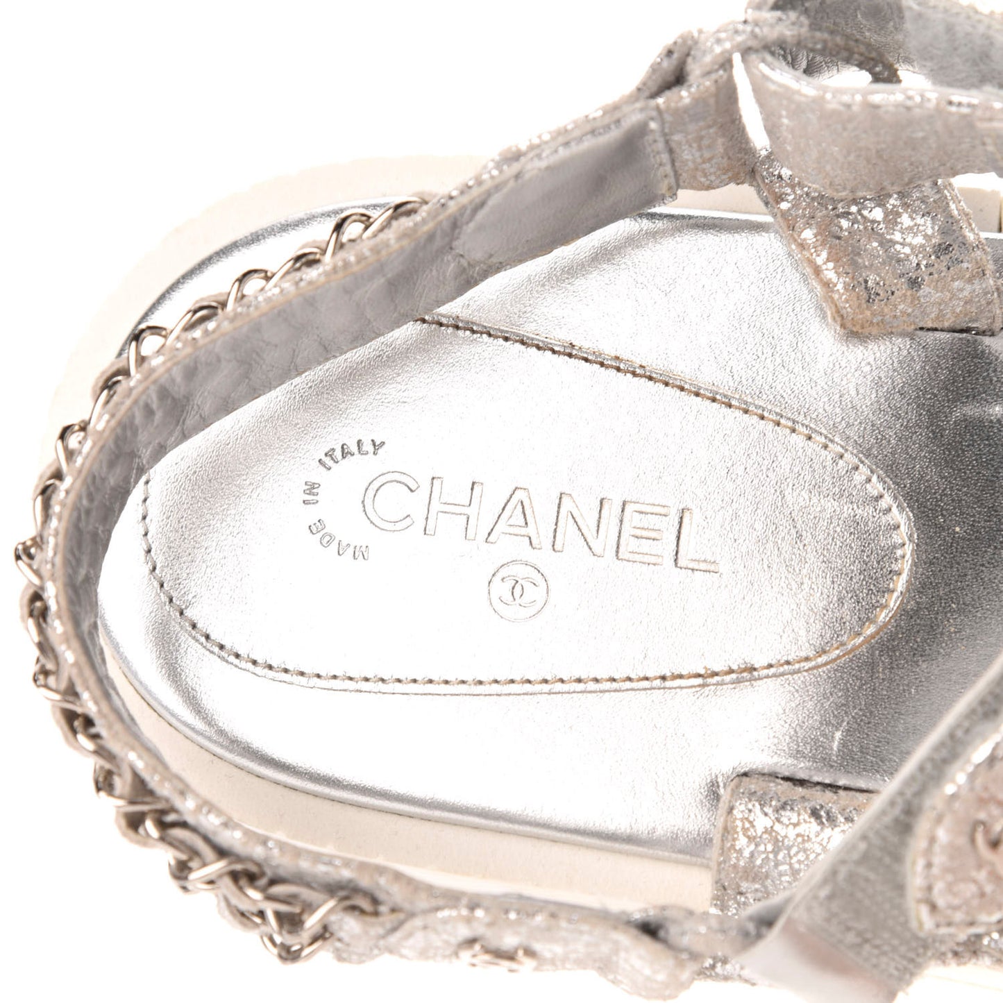 Metallic Lambskin Chain Platform Sandals 40.5 Silver