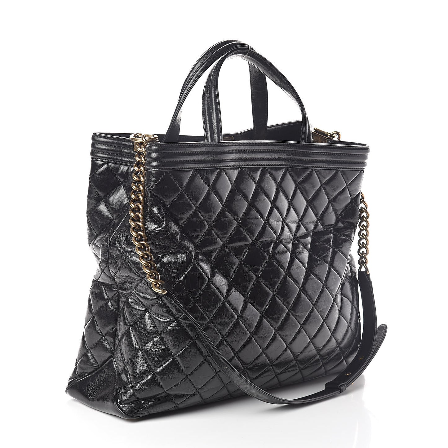 Glazed Calfskin Quilted Large Boy Tote Black