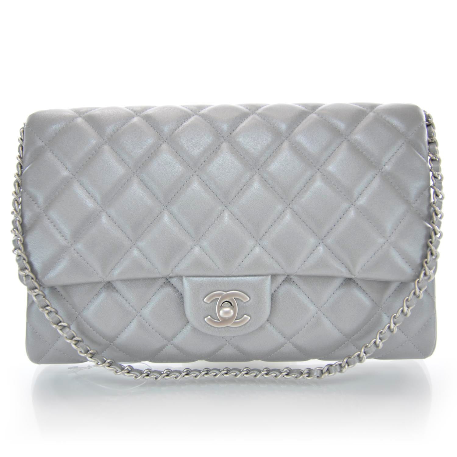 Chanel Lambskin Quilted Clutch Bag Silver 1 of 9