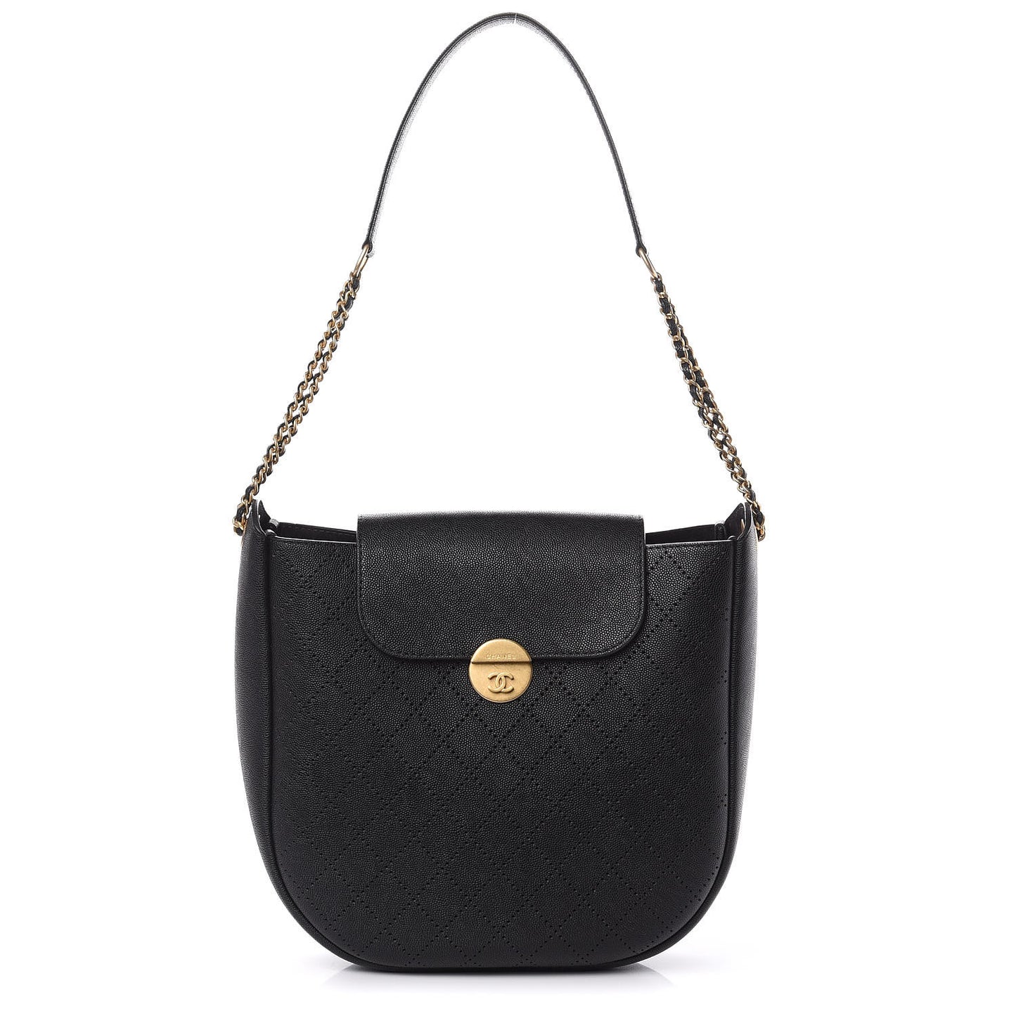 Grained Calfskin Perforated Small Flap Hobo Black