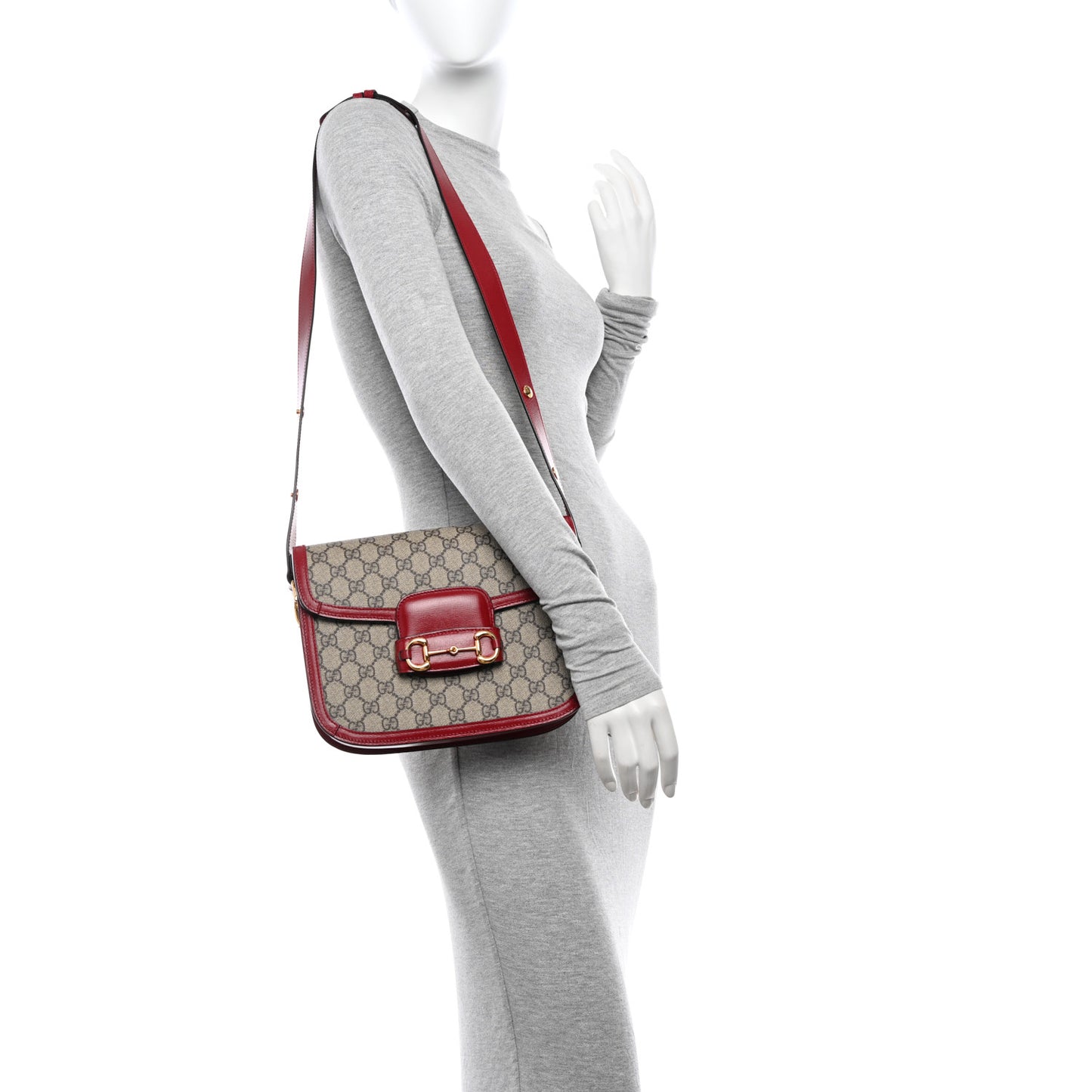 GG Supreme Monogram Azalea Calfskin Horsebit 1955 Shoulder Bag Beige Ebony New Cherry Red