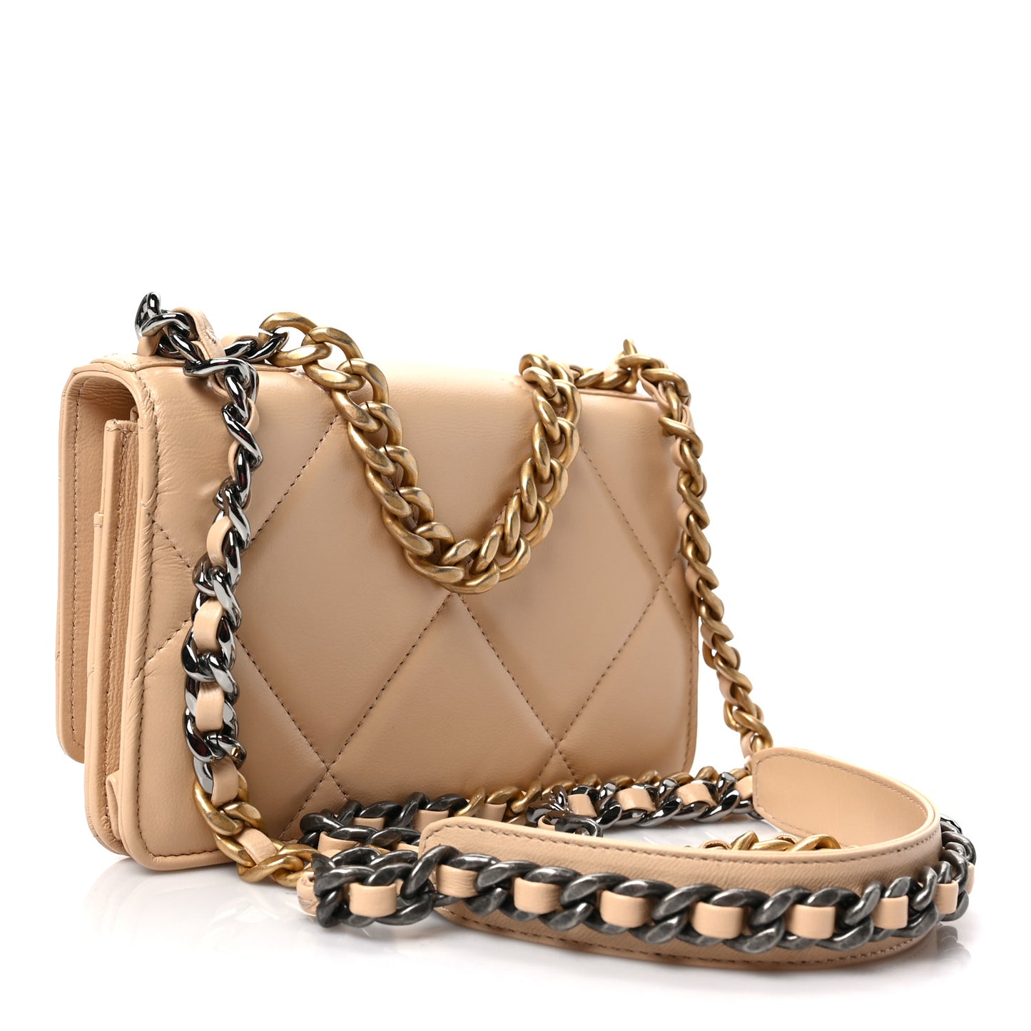 Lambskin Quilted Chanel 19 Wallet On Chain WOC Beige