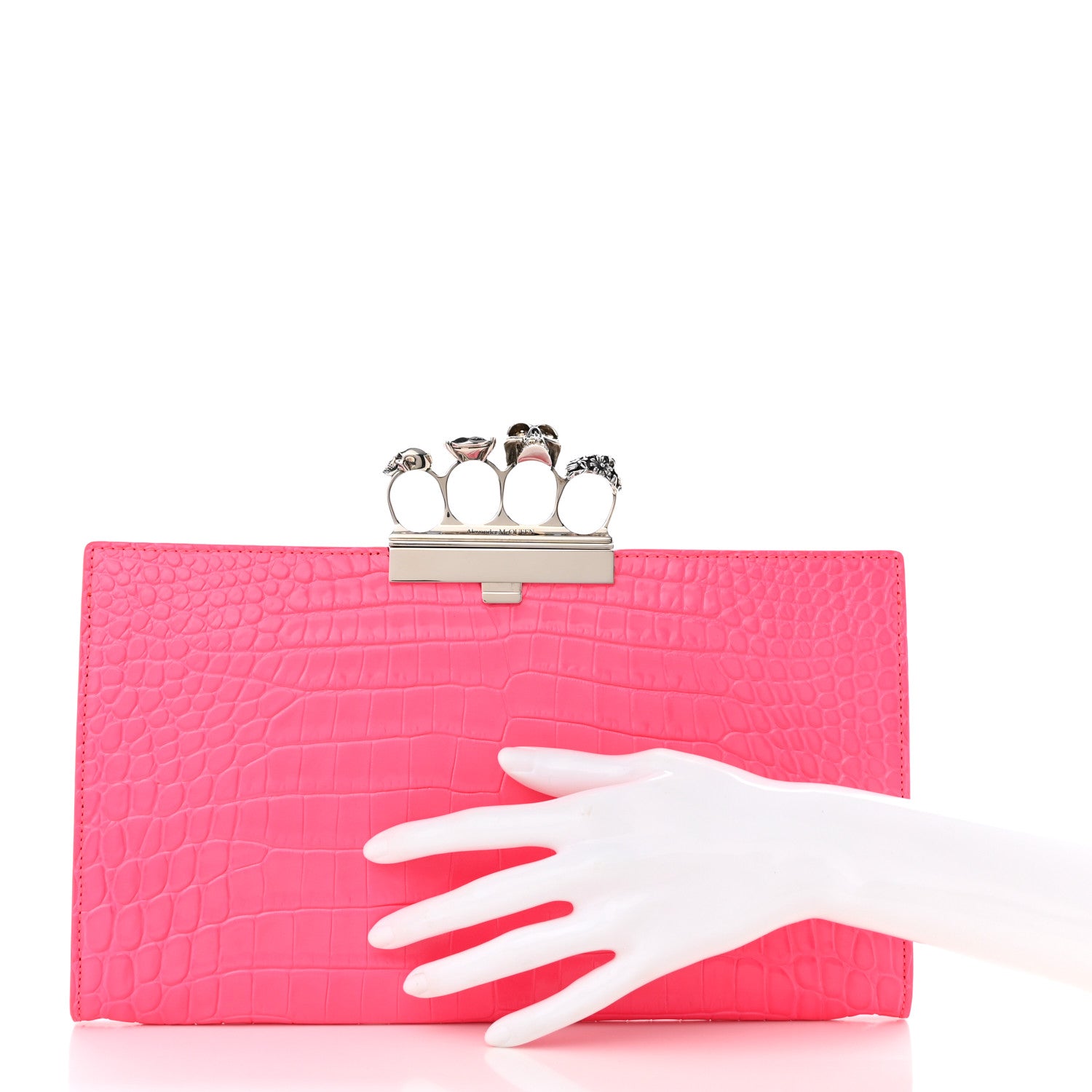 Alexander McQueen Calfskin Crocodile Embossed Knuckle Flat Clutch Neon Pink 2 of 10