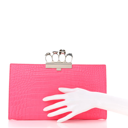 Alexander McQueen Calfskin Crocodile Embossed Knuckle Flat Clutch Neon Pink 2 of 10