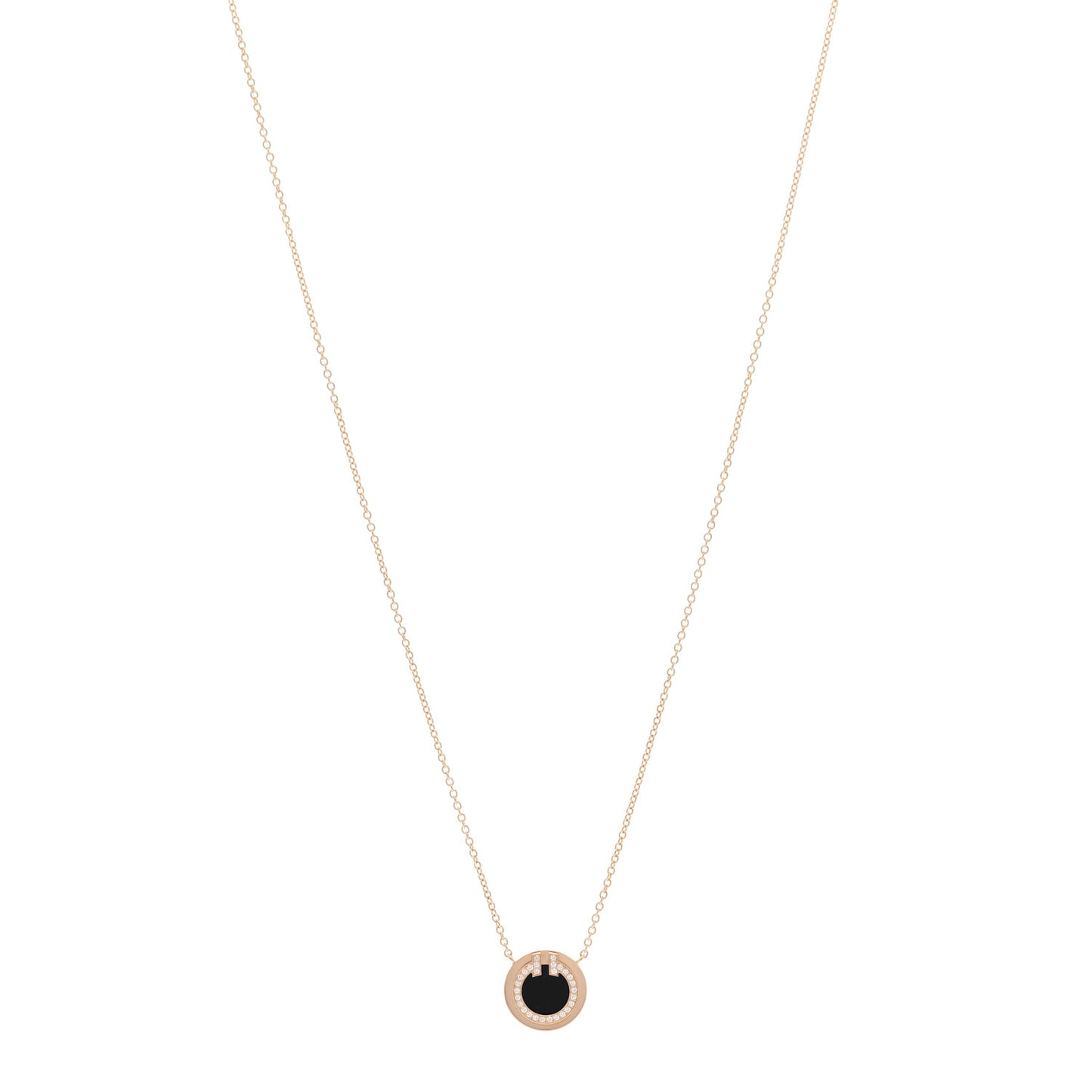 18K Rose Gold Diamond Black Onyx Small T Circle Pendant Necklace