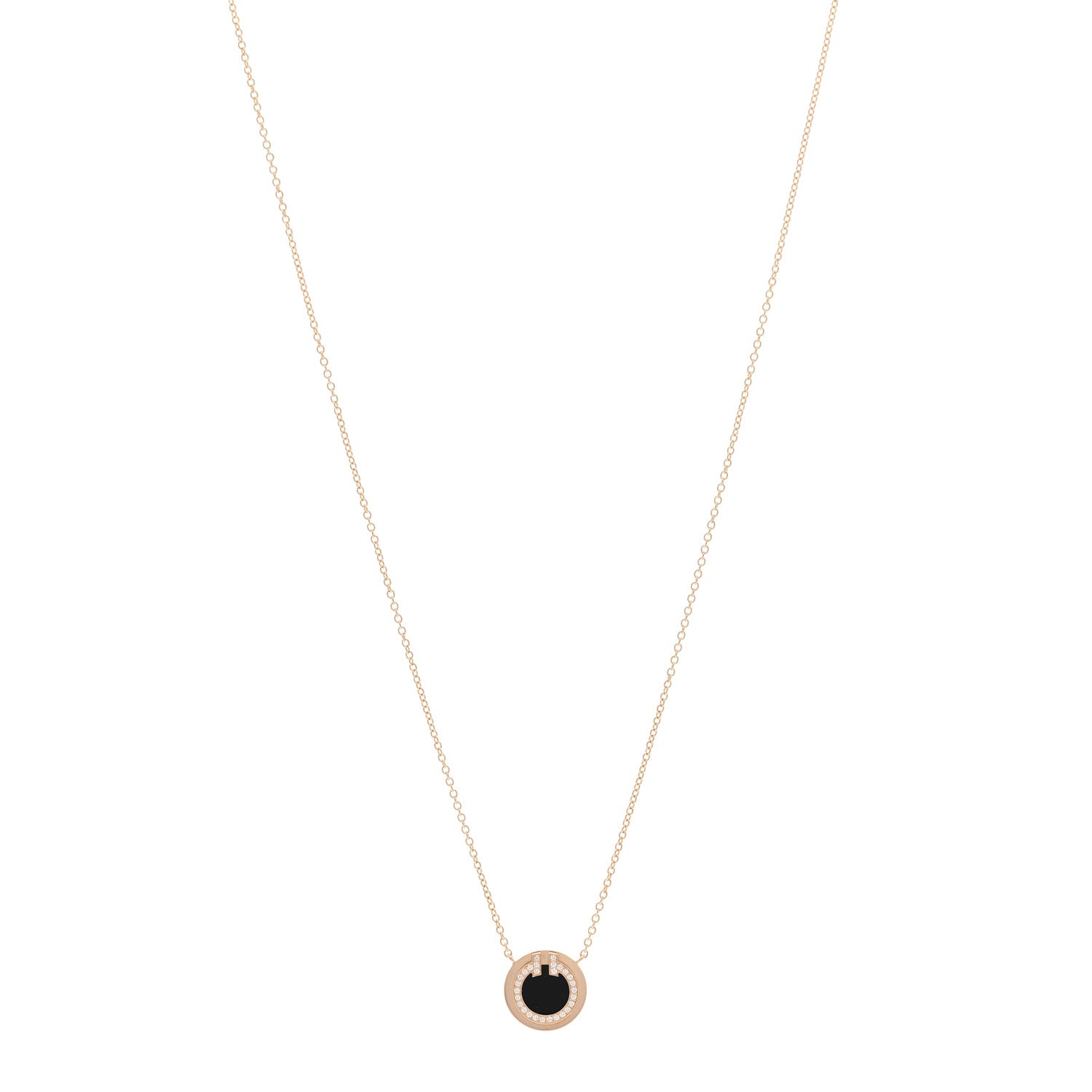 Tiffany 18K Rose Gold Diamond Black Onyx Small T Circle Pendant Necklace 1 of 6