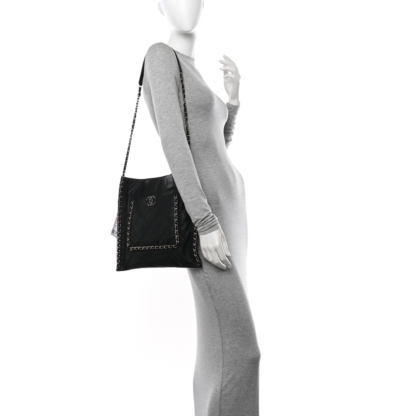 Calfskin Quilted Chain Flat Tote Black