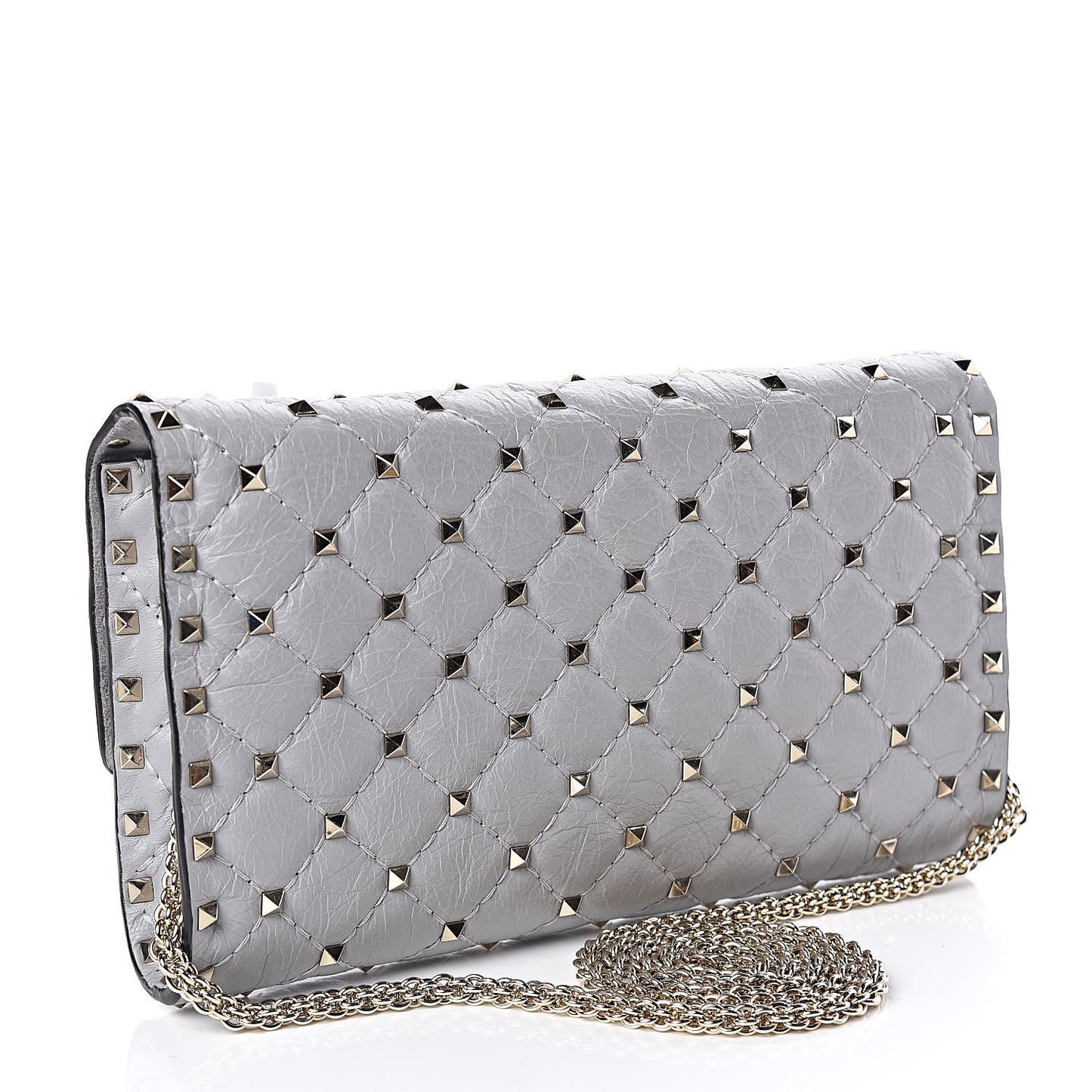 Craquele Nappa Rockstud Spike Wallet on Chain Pastel Grey