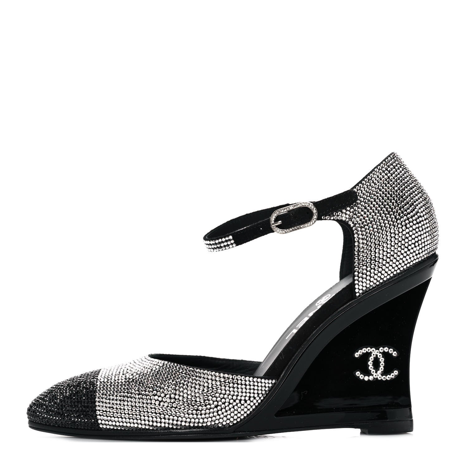 CHANEL ブラック シルバー ハイヒール 38C Chanel Crystal Cap Toe CC Wedge Ankle Strap Pumps 38 Silver Black