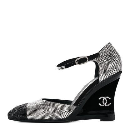 Chanel Crystal Cap Toe CC Wedge Ankle Strap Pumps 38 Silver Black 1 of 8