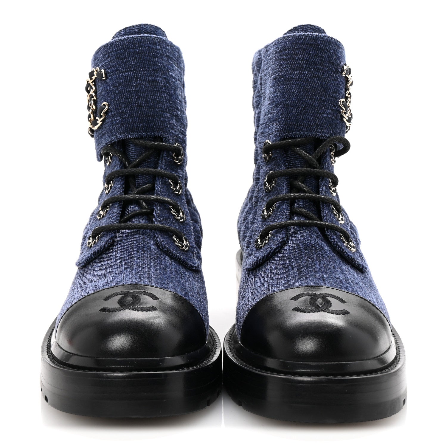 Chanel Shiny Calfskin Velvet Quilted Lace Up Combat Boots 38.5