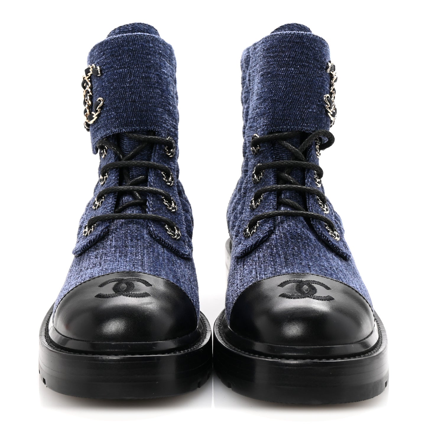 Shiny Calfskin Velvet Quilted Lace Up Combat Boots 38.5 Blue Black