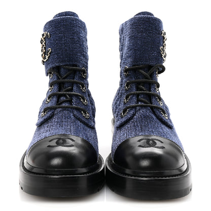 Chanel Shiny Calfskin Velvet Quilted Lace Up Combat Boots 38.5 Blue Black 3 of 9