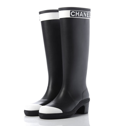 Chanel Rubber Logo Rain Boots 36 Black White 3 of 13