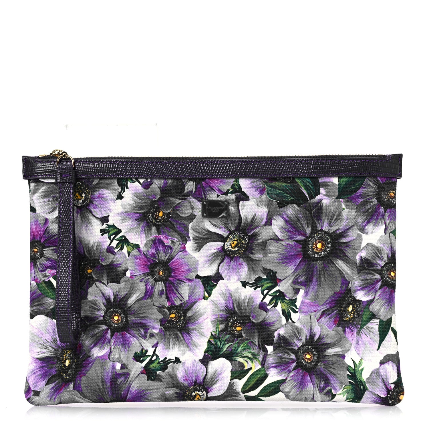 Dolce & Gabbana Canvas Vitello Iguana Embossed Anemone Print Pouch Purple 1 of 9