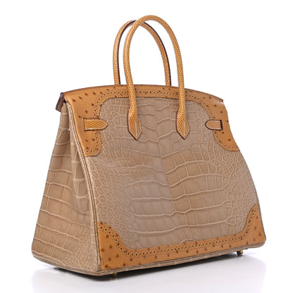 Hermes Lizard Alligator Ostrich Grand Marriage Ghillies Birkin 35 Poussiere Tabac Camel Sesame 2 of 8