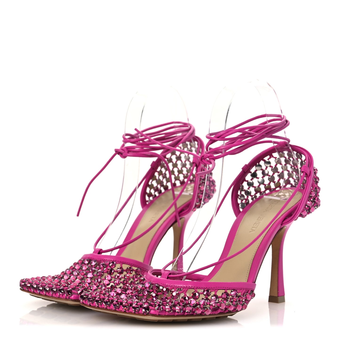 Mesh Nappa Crystal Embellished Sparkle Stretch Ankle Tie 90mm Sandals 37.5 Hollyhock