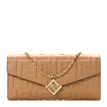Fendi Vitello Soft F is Fendi Bi-Color FF 1974 Embossed Continental Envelope Wallet On Chain Miele Scuro 1 of 10