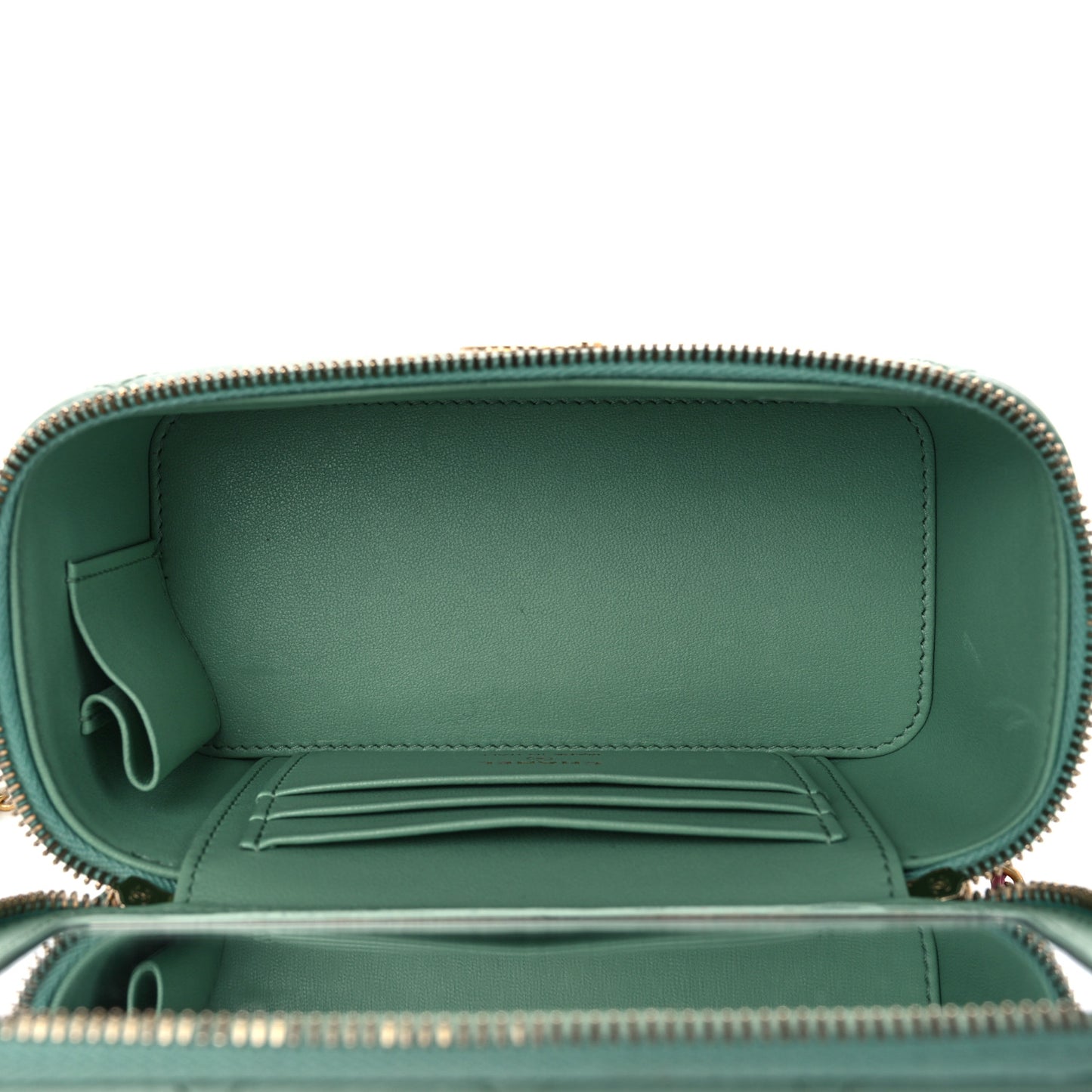 Shiny Calfskin Quilted Small Top Handle Vanity Case With Chain Light Green