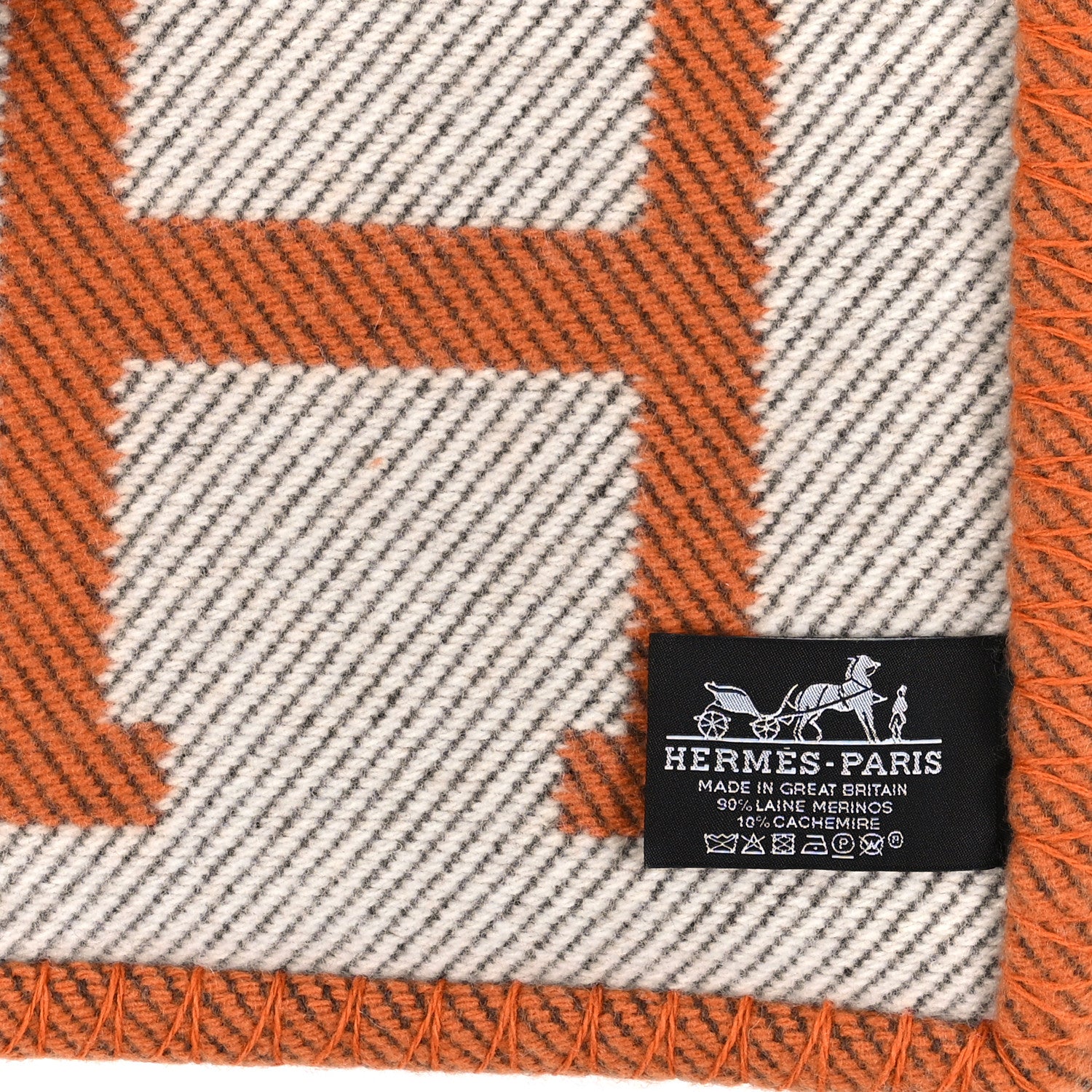 Hermes Wool Cashmere Signature Classic Avalon Blanket Ecru Potiron 3 of 3