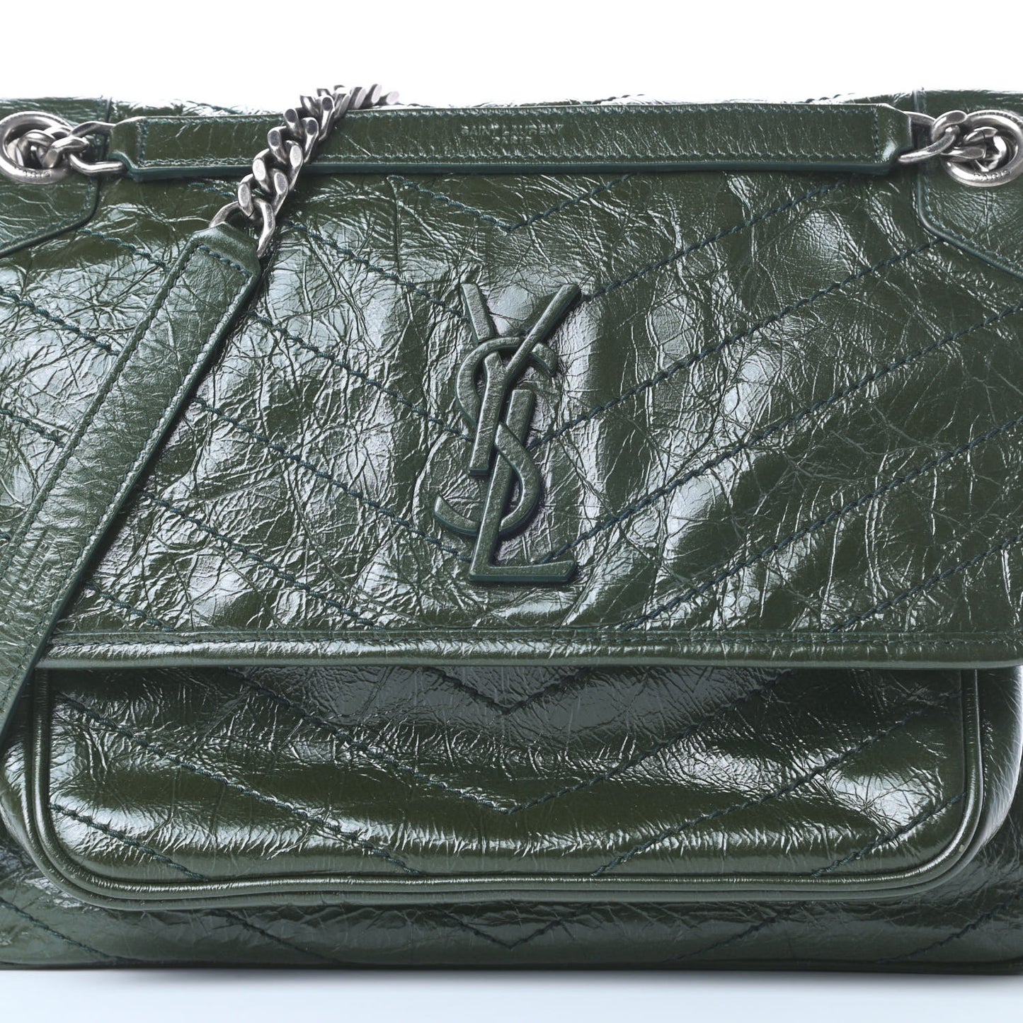 Crinkled Calfskin Matelasse Monogram Medium Niki Chain Satchel Military Olive