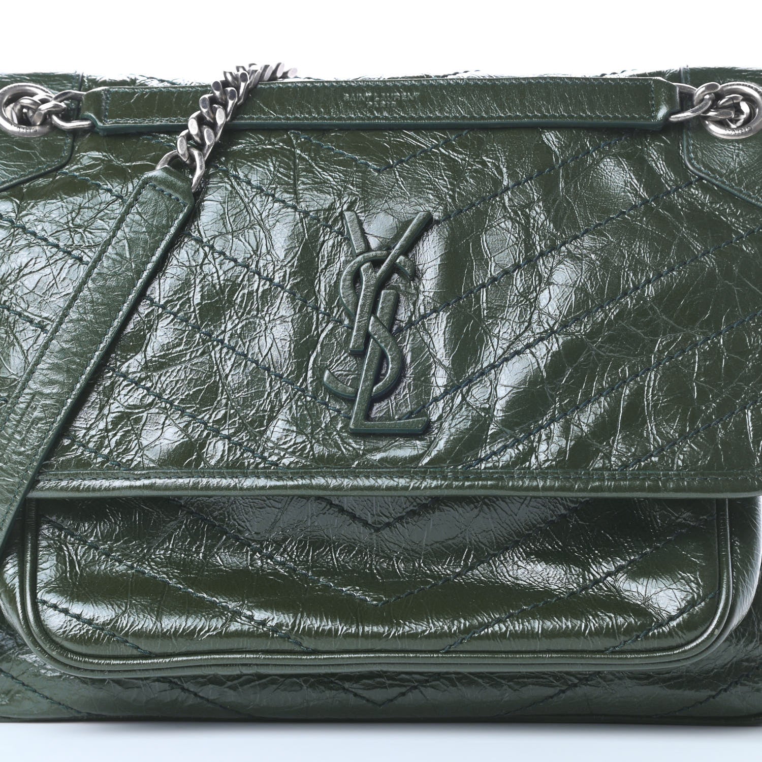 Saint Laurent Crinkled Calfskin Matelasse Monogram Medium Niki Chain Satchel Military Olive 9 of 11