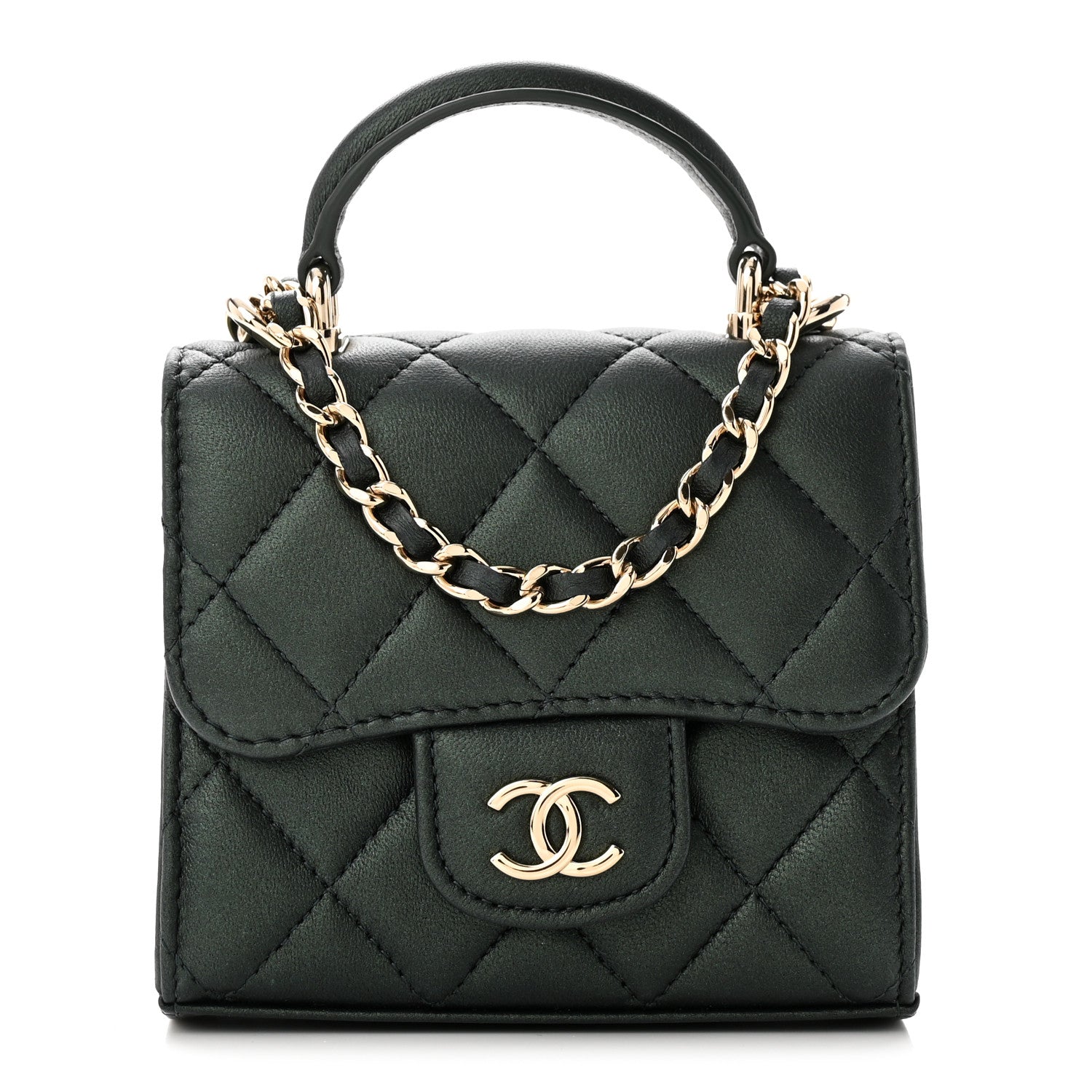 Chanel Iridescent Lambskin Quilted Top Handle Flap Clutch With Chain Dark Green 1 of 12