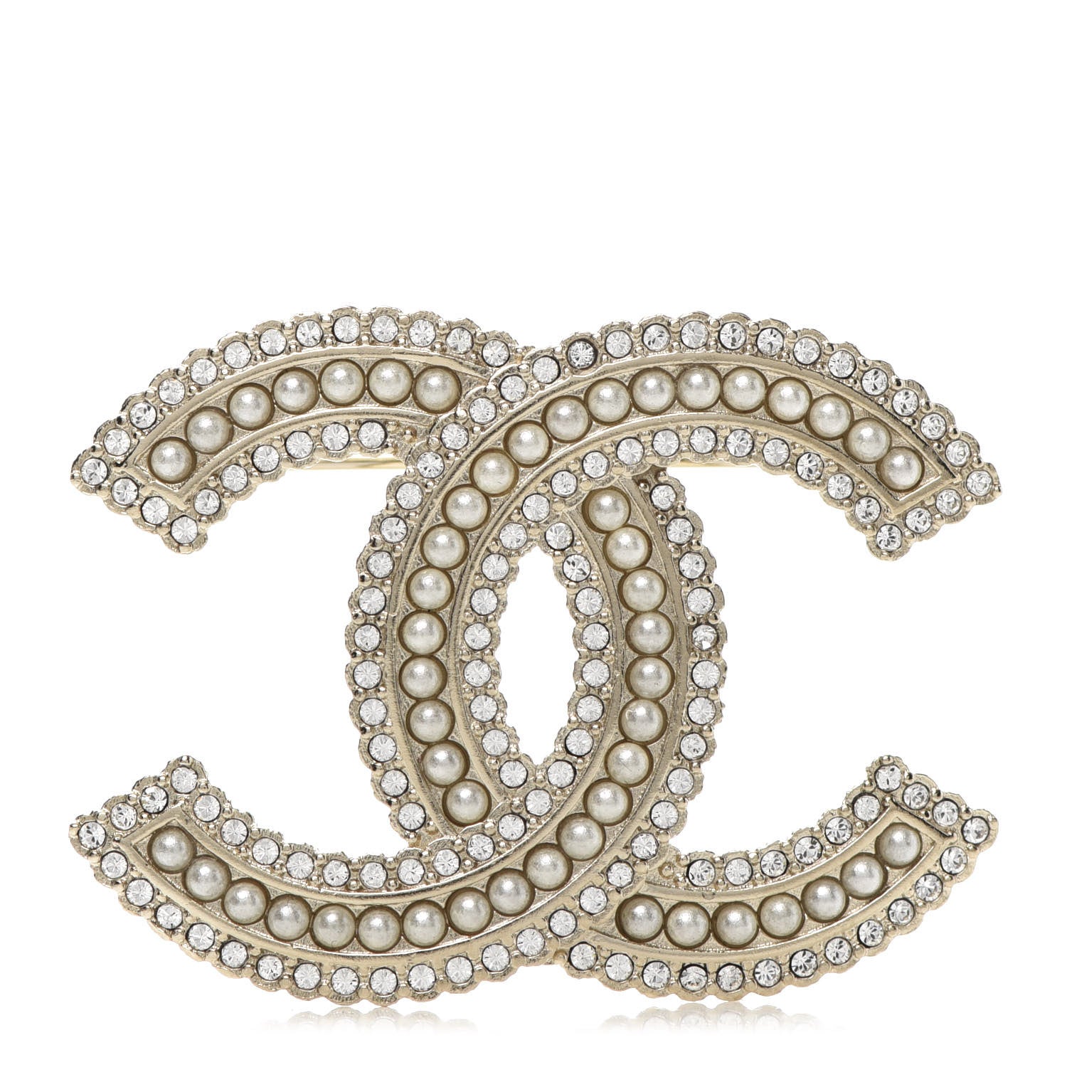 Chanel Pearl Crystal Lace Camellia CC Brooch Gold 1 of 4