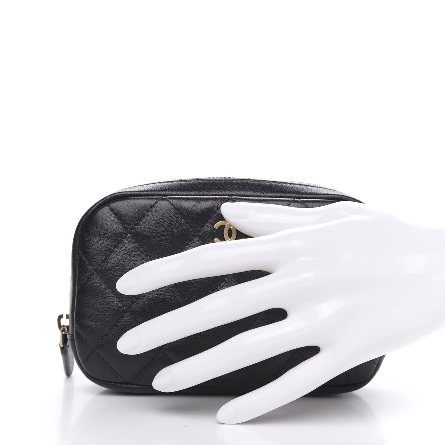 Lambskin Quilted Small Curvy Pouch Cosmetic Case Black