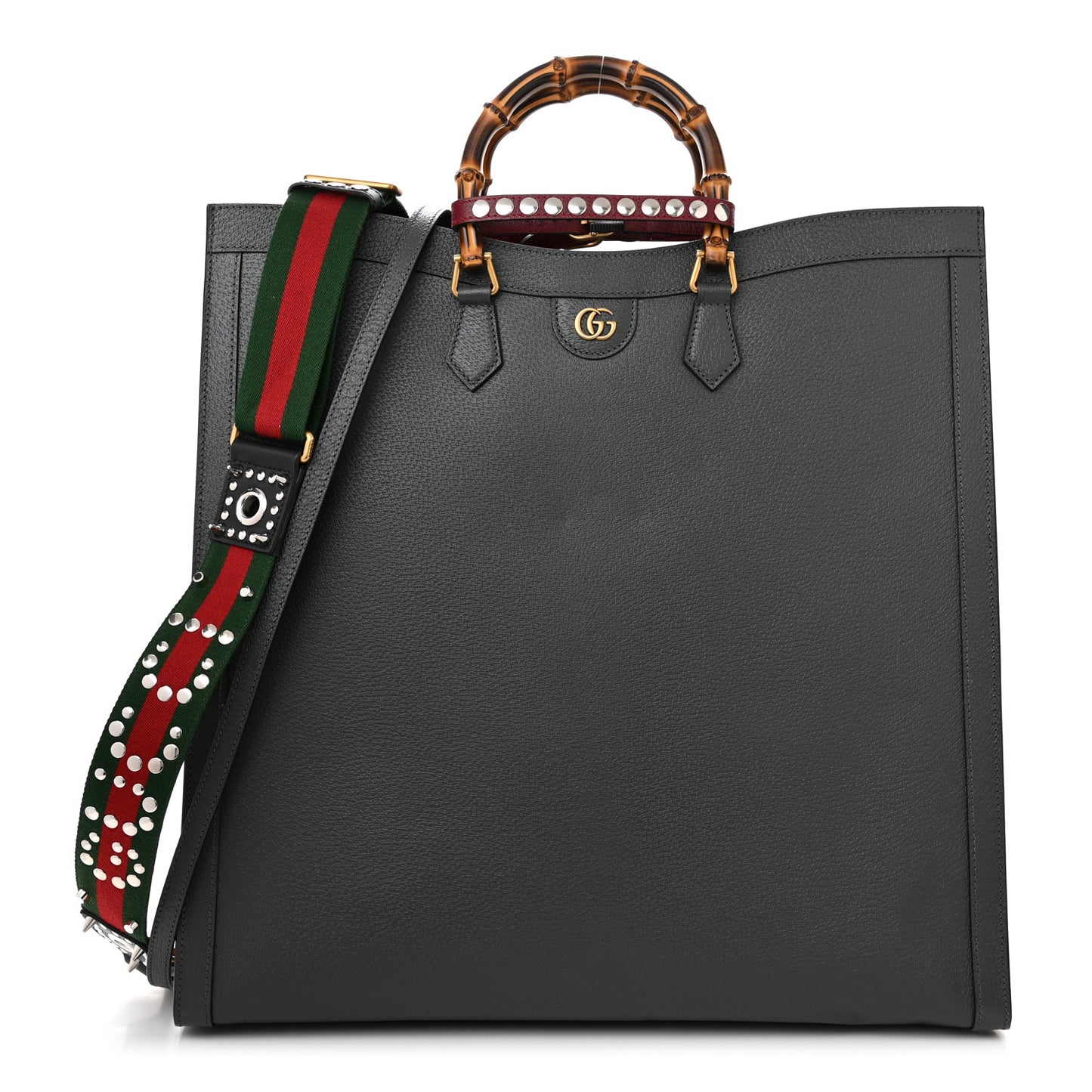 Textured Dollar Calfskin Web Studded Maxi Diana Tote Bag Graphite Grey