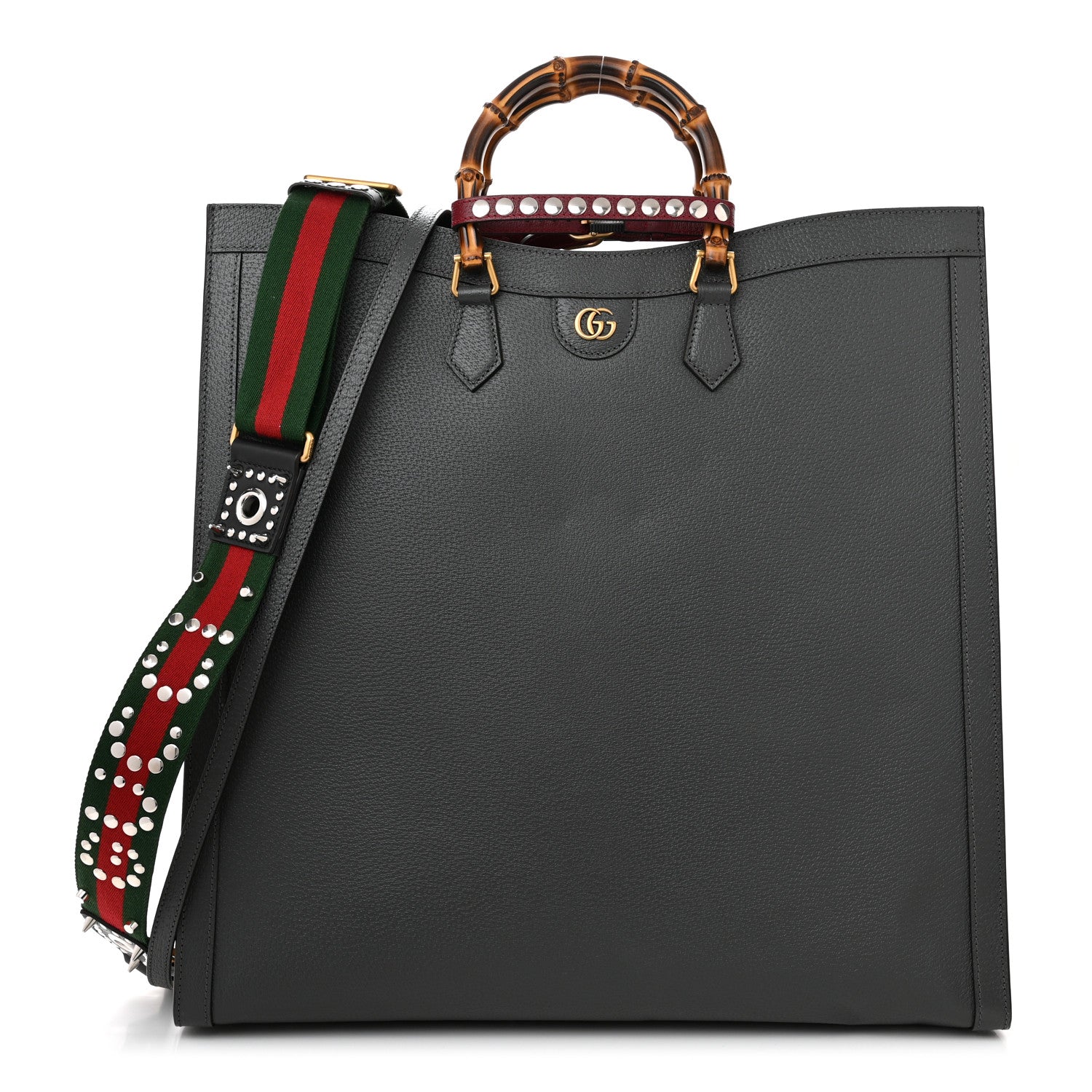 Gucci Textured Dollar Calfskin Web Studded Maxi Diana Tote Bag Graphite Grey 1 of 11