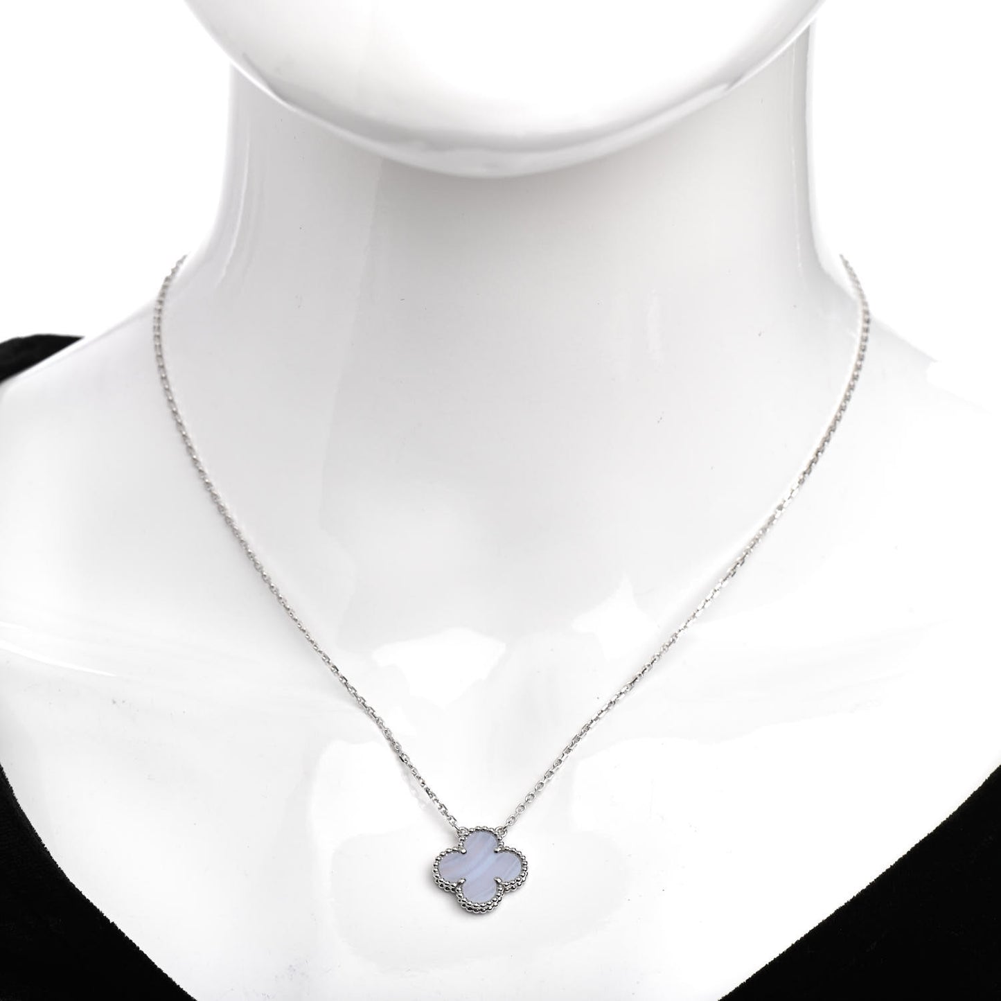 18K White Gold Chalcedony Vintage Alhambra Pendant Necklace