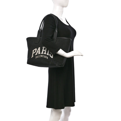 Balenciaga Cotton Canvas Calfskin Cities Paris Jumbo Small Tote Bag Black White 2 of 10