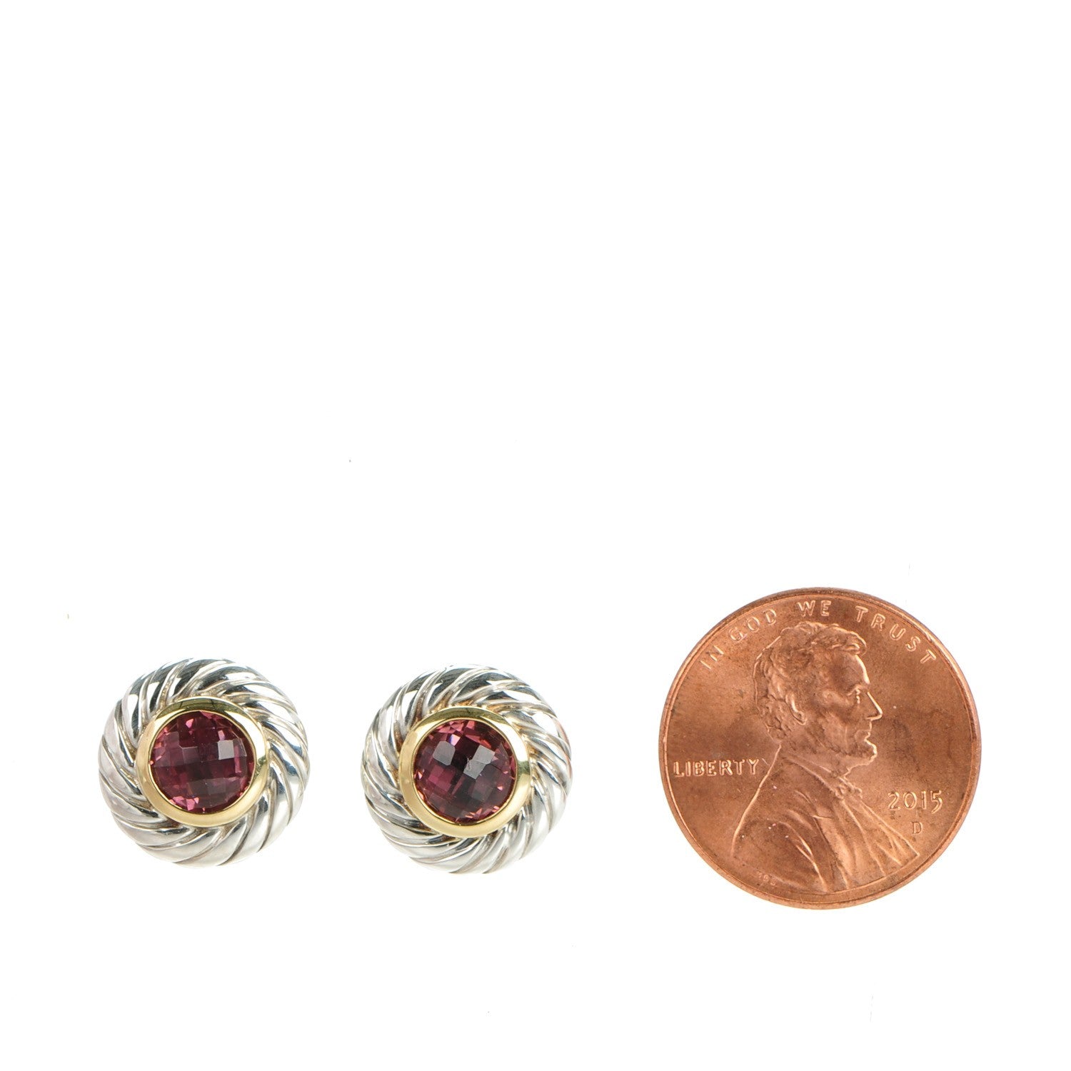 David Yurman Sterling Silver 18K Yellow Gold Pink Tourmaline 6mm Cookie Cable Earrings 2 of 5