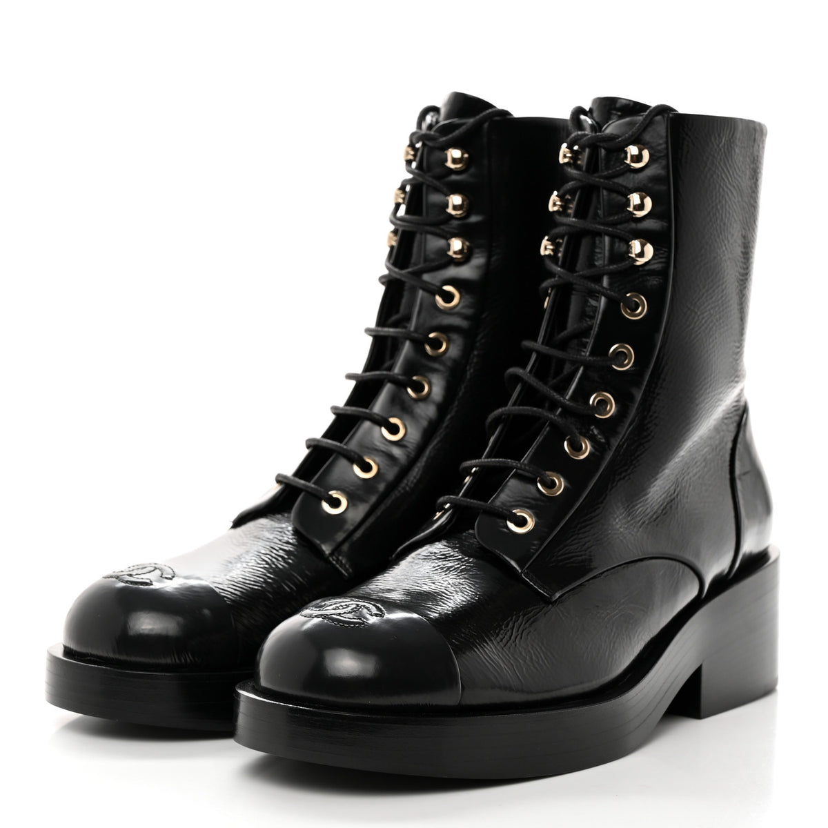 Chanel Shiny Goatskin Cap Toe Combat Boots 39 Black Dark Grey 3 of 9