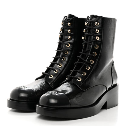 Chanel Shiny Goatskin Cap Toe Combat Boots 39 Black Dark Grey 3 of 9